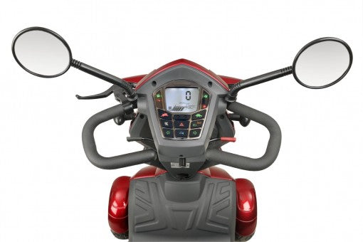 Backlit digital display and fingertip controls on adjustable tiller. Rear view mirrors as standard.